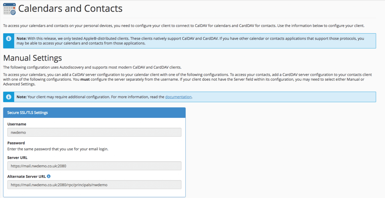 Calendars and Contacts Settings