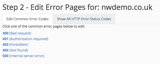 Edit Error Pages for: