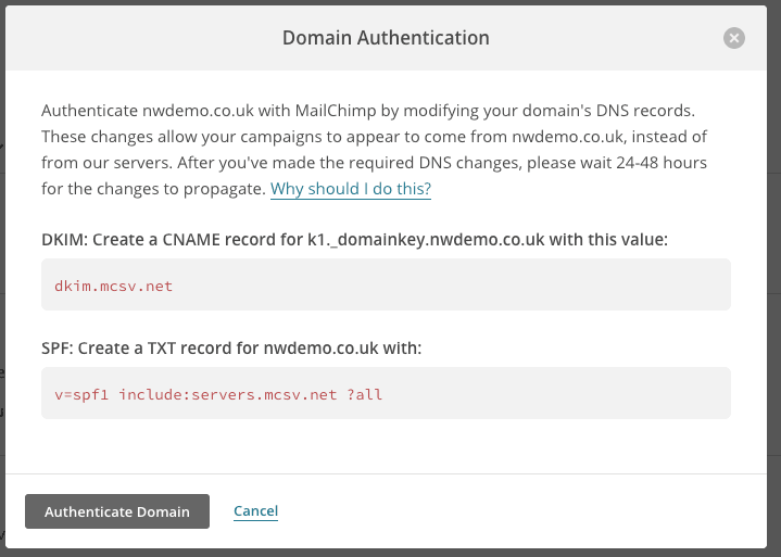 At the bottom of the 'Domain Authentication' page click 'Authenticate Domain'