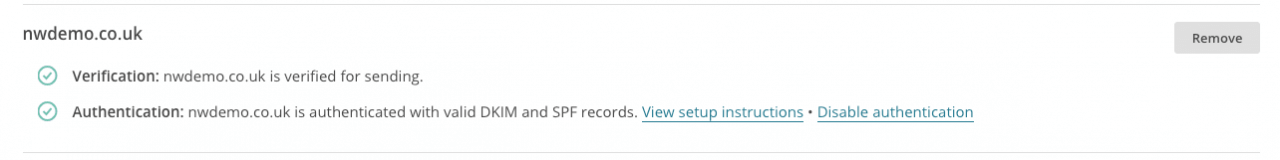 Your domain should now appear authenticated with 'valid DKIM and SPF records' with a green tick over to the left