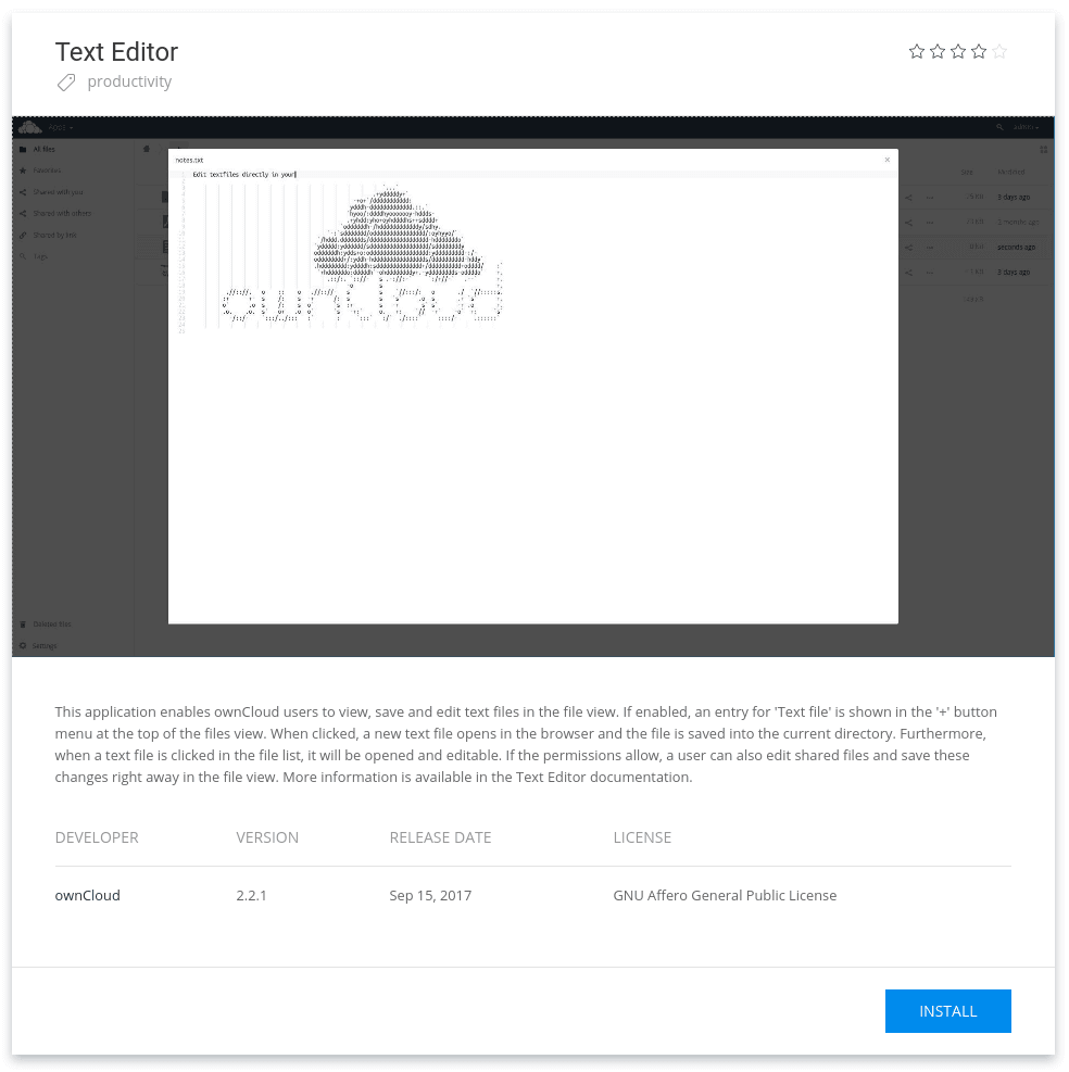 ownCloud Text Editor - an example of a marketplace application